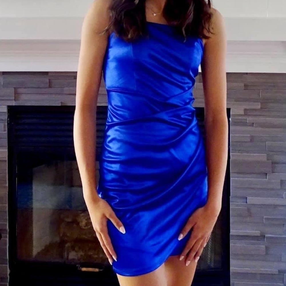 Square Neck Stretch Satin Faux-Wrap Ruched Side Tulip Hem Dress homecoming prom